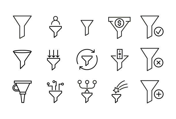 一组漏斗相关的向量线图标。图片下载