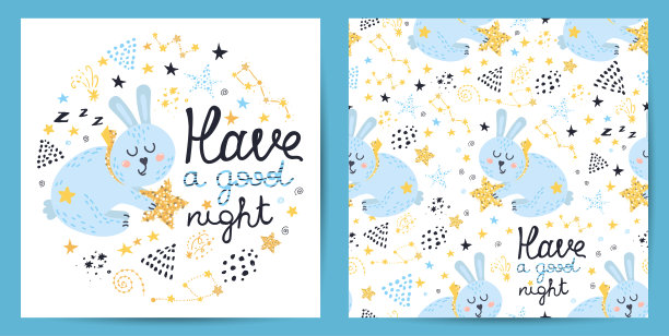 一套无缝图案和卡片与可爱的兔子图片下载