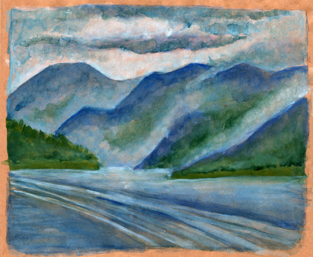 陡峭高山间的金色蓝色湖泊手绘水彩插画素材图片