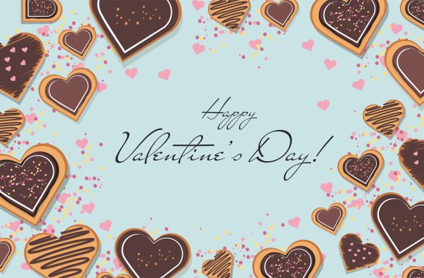 情人节。装饰心形饼干与釉面蓝色背景，俯视图。图片下载