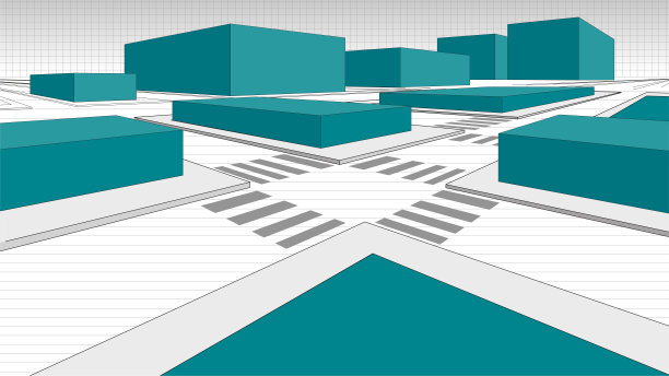三维城市地图的细节，绿色的街区和白色的街道用黑线勾勒。矢量图图片下载