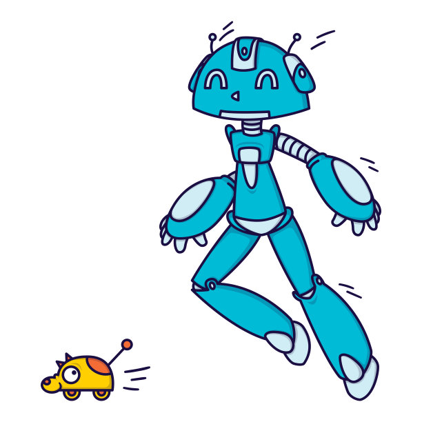 蓝色机器人在追玩具。矢量插图孤立在白色背景。图片下载