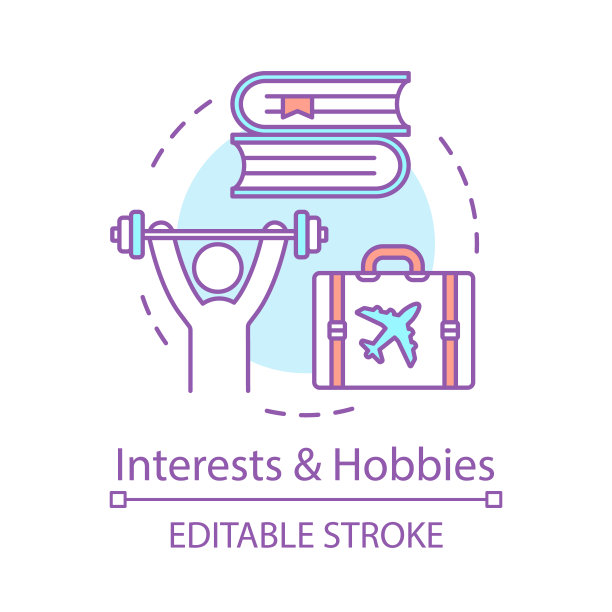 兴趣和爱好概念图标。休闲、休闲活动理念细线插图。做运动，旅游，看书矢量孤立的轮廓画。可编辑的中风图片下载