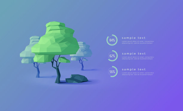 低聚树的生态信息图。图表，百分比，进度条。3 d树。Web信息图，横幅，演示。森林,生态。现代矢量插图，抽象背景。素材图片