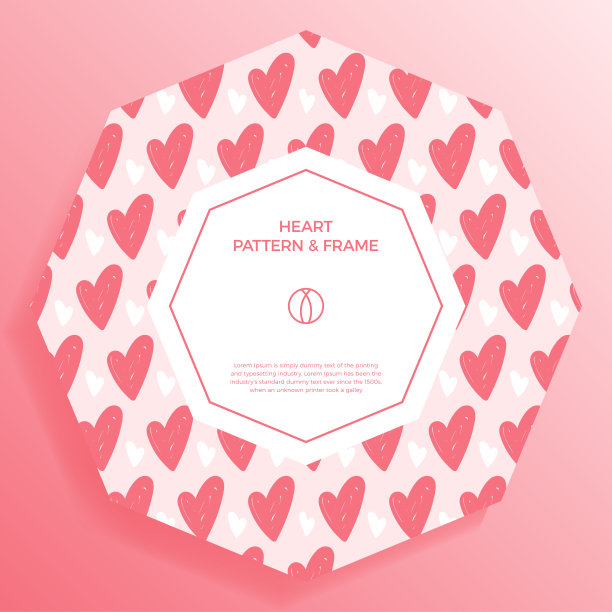 海报、横幅或卡片边框边框用爱手画新潮颜色心形图案。六边形的几何形状。装饰浪漫的矢量插图。心脏设计与文本复制空间。图片下载