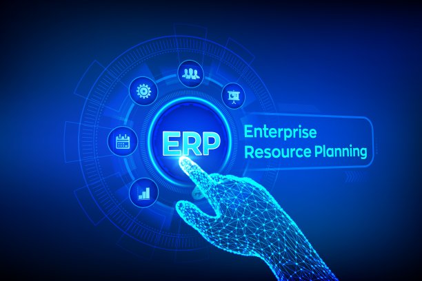 ERP。企业资源规划业务和现代技术概念上的虚拟屏幕。公司管理业务。机械手触摸数字界面。矢量插图。图片下载