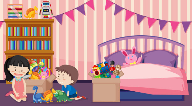 男孩和女孩在房间里玩耍的场景图片下载