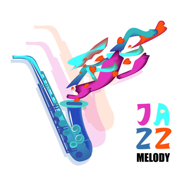 矢量插图与萨克斯管和字母和抽象体积形式的元素。爵士音乐节多彩的音乐家们图片下载
