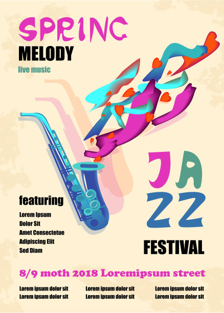 带有乐器的爵士音乐节海报模板。插图与萨克斯管和铭文元素和抽象的体积形式。爵士音乐节多彩的音乐家们图片下载