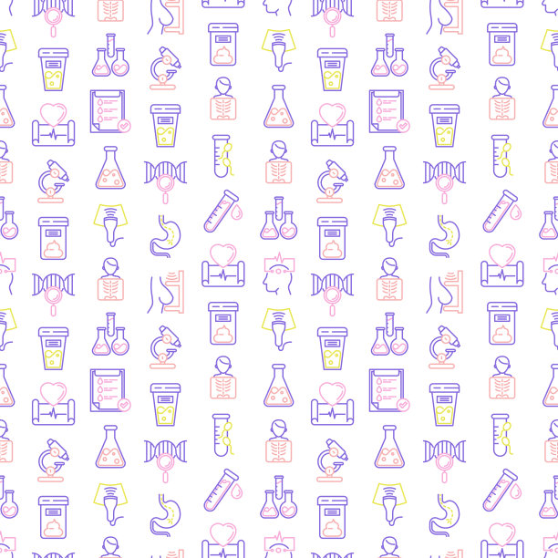 医学分析用细线图标无缝模式:血检、尿检、大便、心电图、乳房x光、精子、DNA、超声波、脑电图、x光、胃镜。矢量插图实验室网页。图片下载