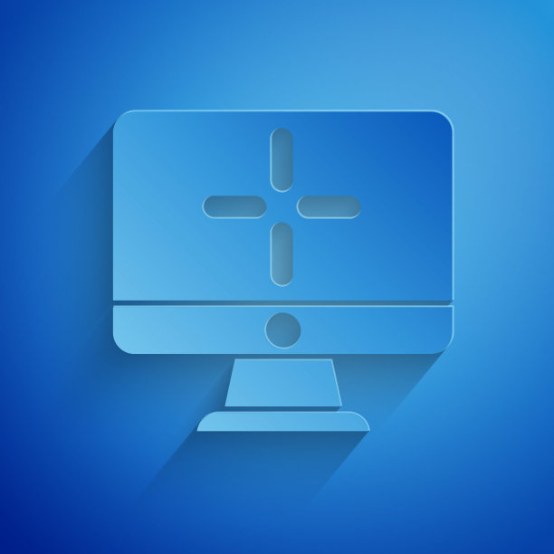 剪纸电脑显示器图标隔离在蓝色背景。电脑组件的信号。纸艺术风格。矢量图图片下载