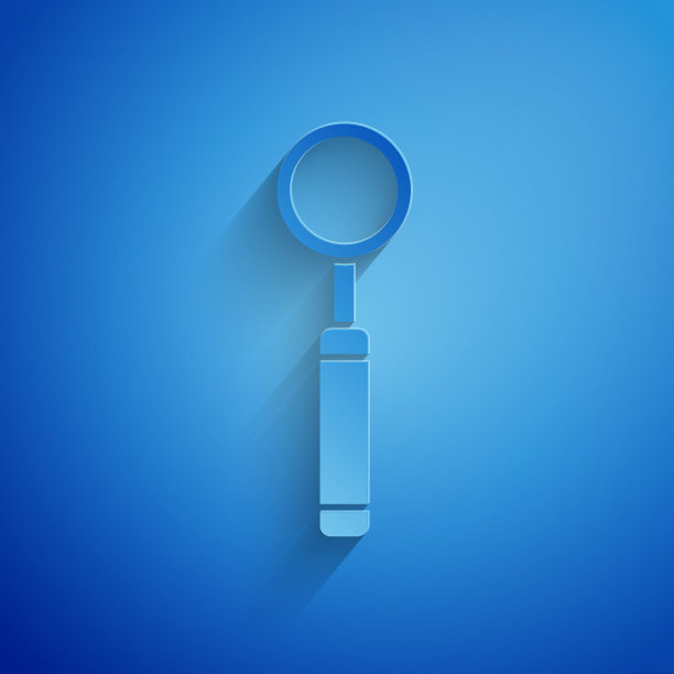 剪纸牙科检查镜图标孤立在蓝色背景。牙科检查工具。纸艺术风格。矢量图图片下载