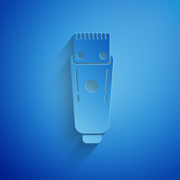 剪纸电理发器或剃须刀图标孤立在蓝色背景。理发店的标志。纸艺术风格。矢量图图片下载