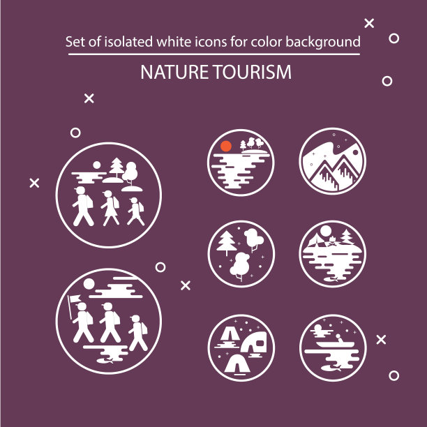 一组线性图标。行走与街道、大自然、高山、森林。徒步旅行、旅游和旅游团。基地营地和附件。一组露营的图标。自然旅游图片下载