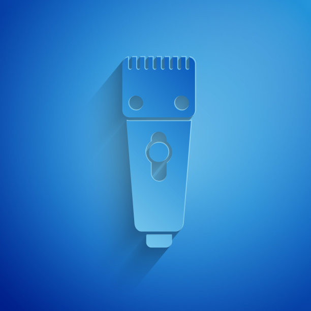 剪纸电理发器或剃须刀图标孤立在蓝色背景。理发店的标志。纸艺术风格。矢量图图片下载