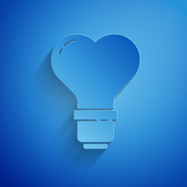 剪纸心形灯泡图标孤立在蓝色背景。爱的象征。情人节的象征。纸艺术风格。矢量图图片下载
