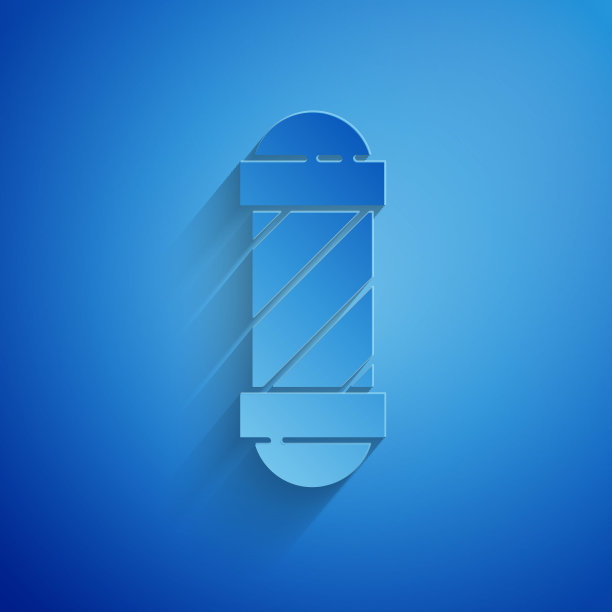 剪纸经典理发店杆图标孤立在蓝色背景。理发店极的象征。纸艺术风格。矢量图图片下载