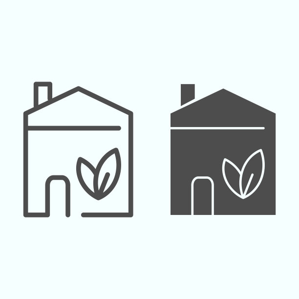 房子与树叶线和字形图标。生态房子矢量插图孤立在白色上。生态家居大纲风格设计，专为网页和应用设计。Eps 10。图片下载