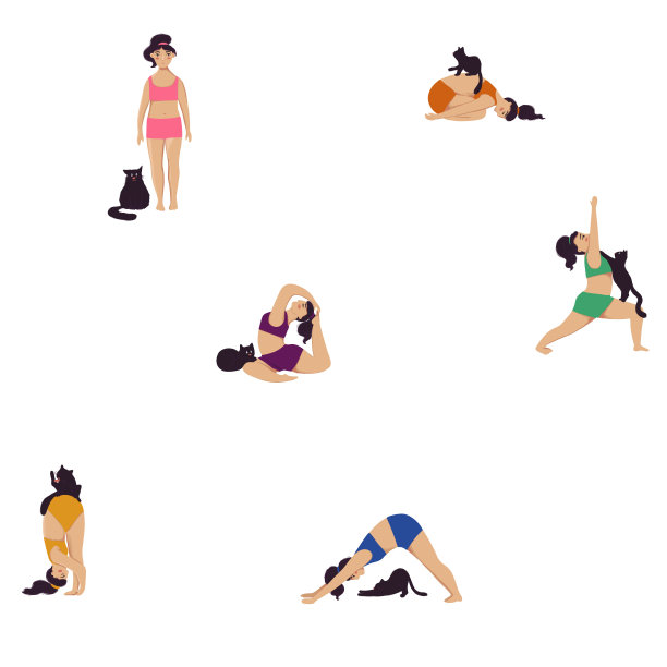 无缝模式的女孩做瑜伽与一只猫。图片下载