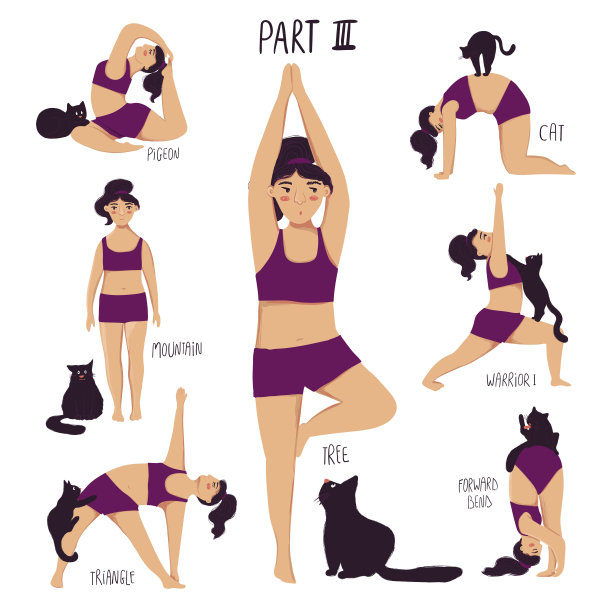 有趣的女孩和一只猫做瑜伽图片下载