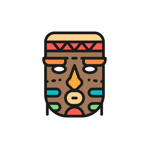 矢量非洲民族部落面具平面颜色线图标。图片下载