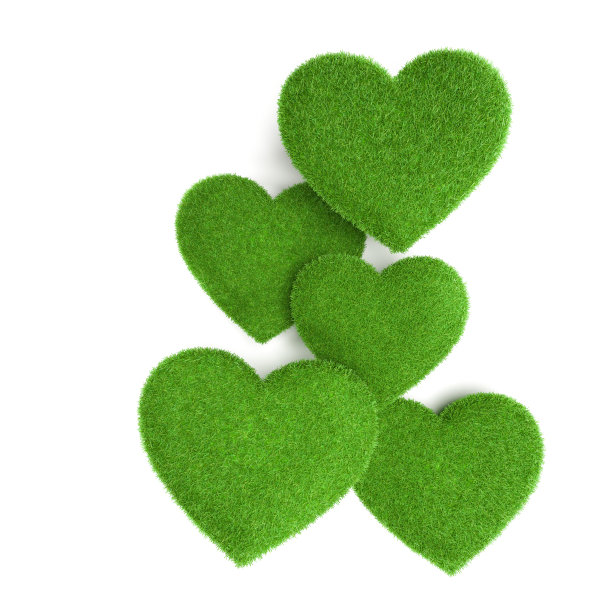 3D渲染:几颗由绿草制成的心孤立在白色的阴影上。婚礼或情人节卡片。图片下载