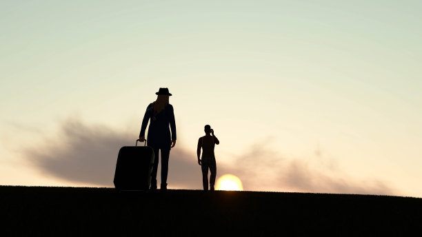 人们旅行与袋在日落剪影3D渲染图片下载