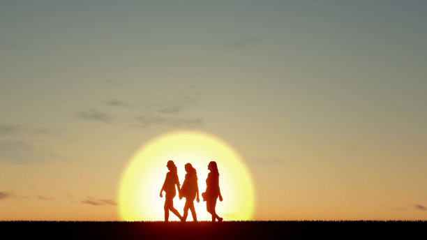 人们的剪影日落3D渲染图片下载