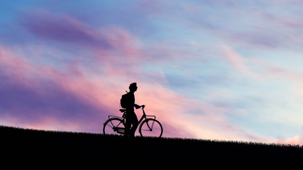 男人与自行车剪影日落3D渲染图片下载