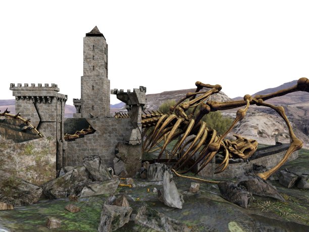 龙骨架和废墟城堡3d插图图片下载