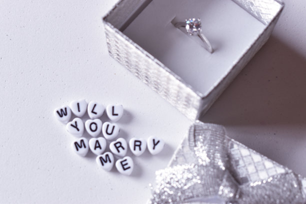 你愿意嫁给我吗，戴着戒指和盒子的心形珍珠项链图片下载