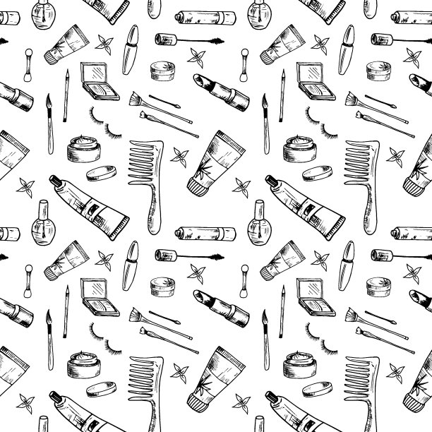 美丽的模式。手绘美容，化妆和化妆品图标和对象。无缝的向量的背景。草图设计元素。孤立的矢量插图上的白色背景。图片下载