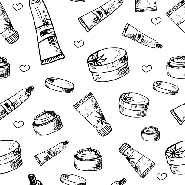美丽的模式。手绘美容，化妆和化妆品图标和对象。无缝的向量的背景。草图设计元素。孤立的矢量插图上的白色背景。图片下载