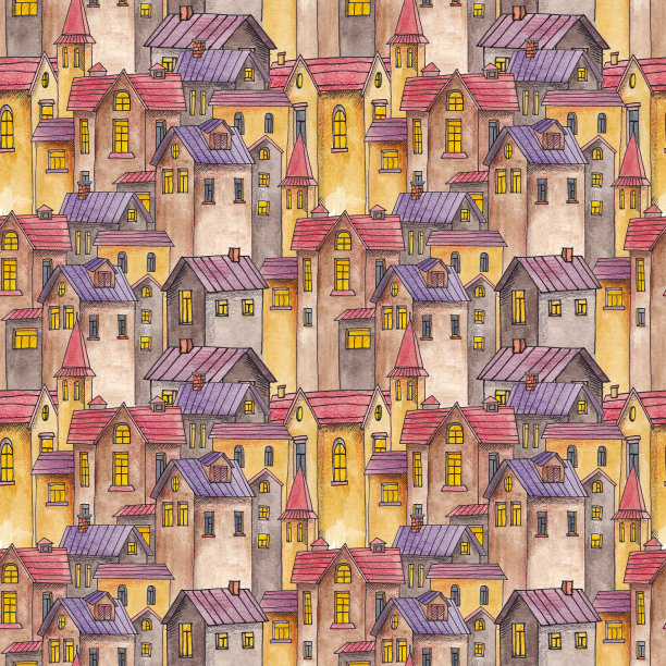 水彩图案有建筑物，许多房屋素材图片