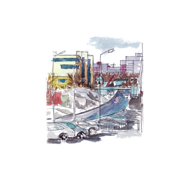 城市景观用建筑、名贵、汽车——城市水彩画图片下载