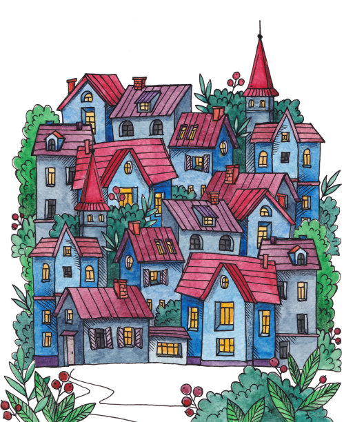 水彩插图与房屋，许多建筑在镇上图片下载