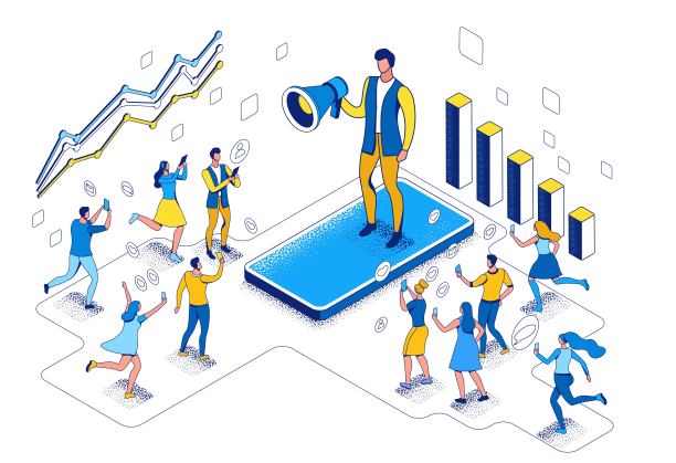 有影响力的人拿着扩音器站着，向朋友推荐加盟计划、博客和粉丝，人们喜欢在社交媒体网络上发帖，三维矢量等距图与轮廓和纹理图片下载