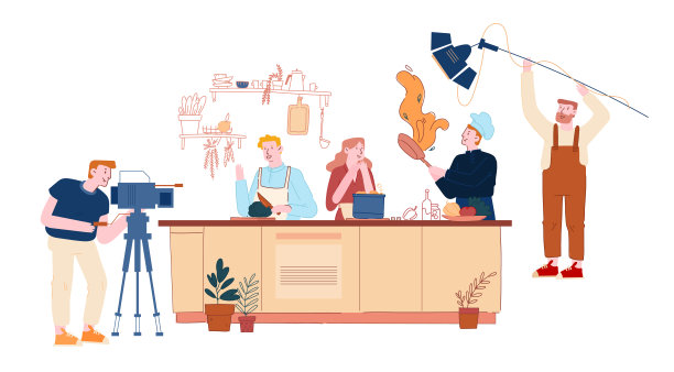 烹饪节目或博客广播。男人和女人在厨师制服烹饪菜厨房室内背景，电视工作人员的角色记录视频上的摄像机。卡通平面矢量插图图片下载