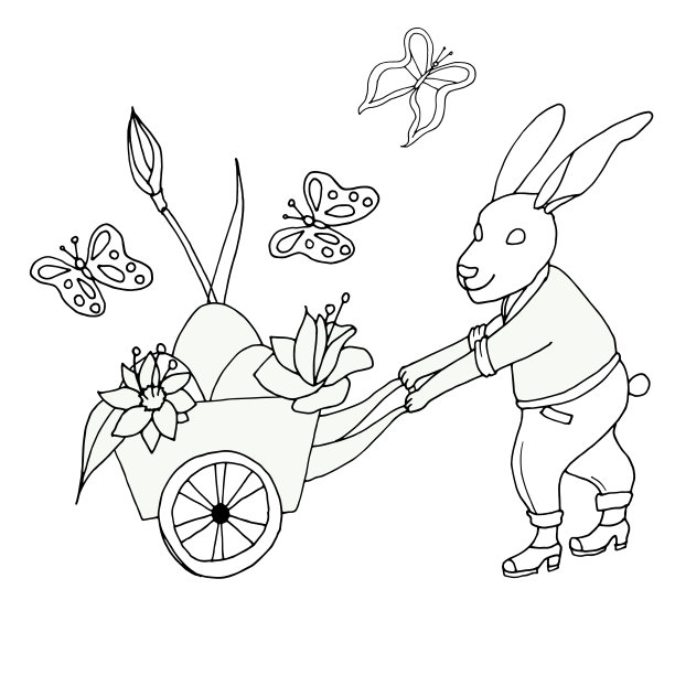 复活节兔子把蛋藏在花里。黑白彩色画册风格的手绘。图片下载