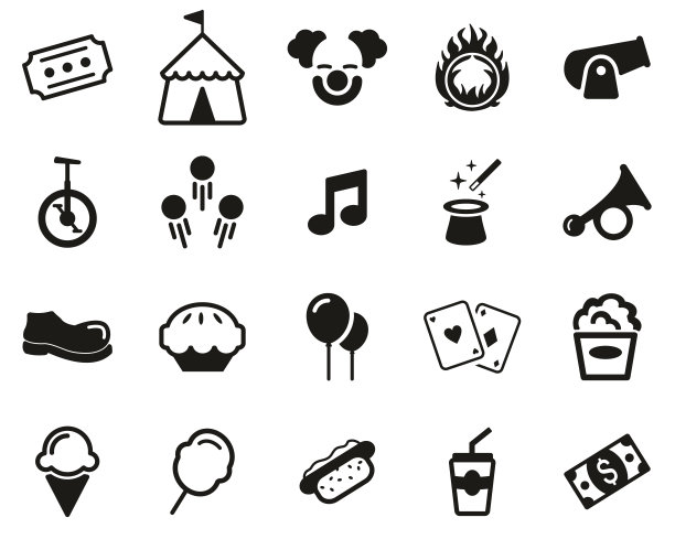 马戏团或马戏团表演图标黑色和白色设置大图片下载