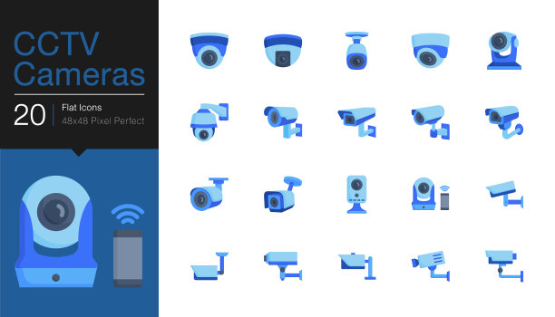闭路电视摄像头和安全摄像头系统图标。平的图标设计。用于演示，平面设计，移动应用，网页设计，信息图表，UI。图片下载