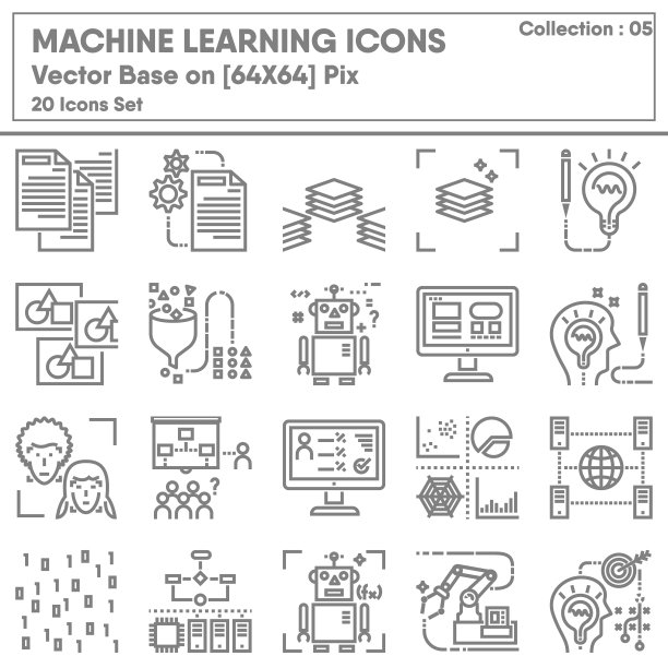 机器学习与智能技术图标集，科学创新图标集和计算机分析系统。技术互联网算法连接机器学习。插图图片下载