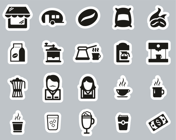 咖啡店图标黑白贴纸设置大图片下载