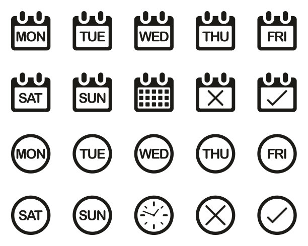 Days Of The Week图标黑色和白色设置大图片下载