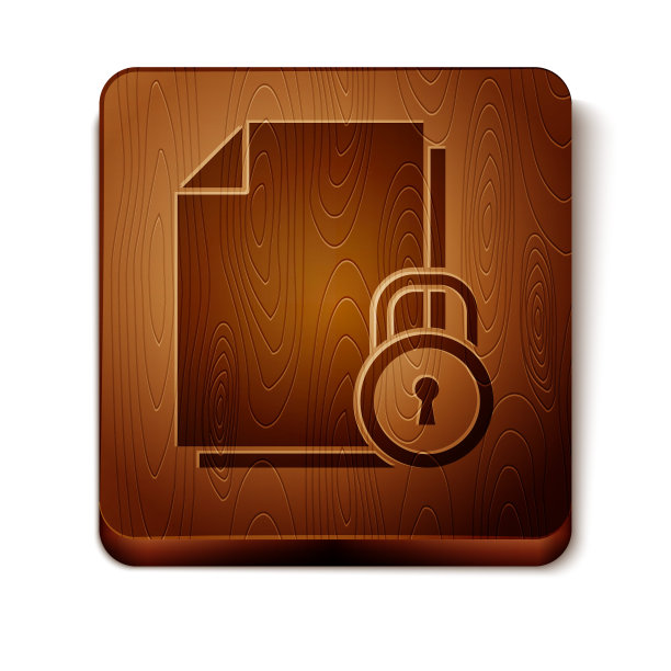 棕色文档和锁定图标隔离在白色背景。文件格式和挂锁。安全、安全、保护的理念。木制方形按钮。矢量图图片下载