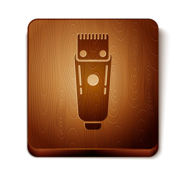 棕色电动理发器或剃须刀图标孤立在白色背景。理发店的标志。木制方形按钮。矢量图图片下载