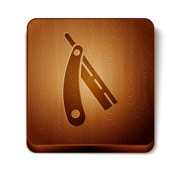 棕色直剃刀图标孤立在白色背景。理发店的标志。木制方形按钮。矢量图图片下载