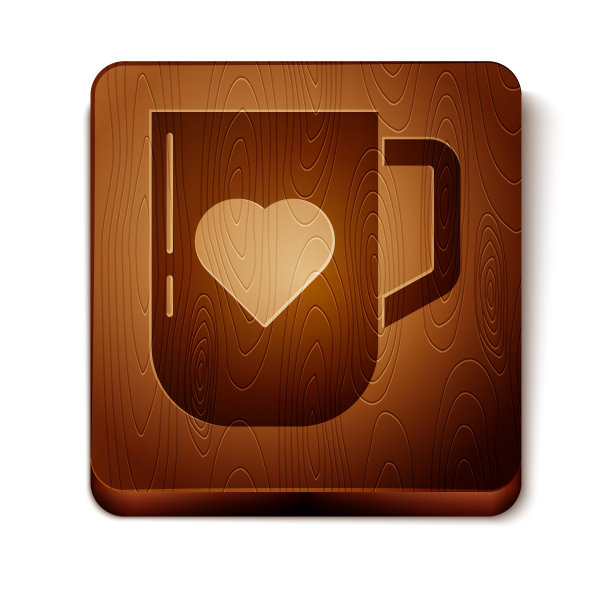 棕色咖啡杯和心形图标孤立在白色背景。情人节的情侣咖啡。木制方形按钮。矢量图图片下载