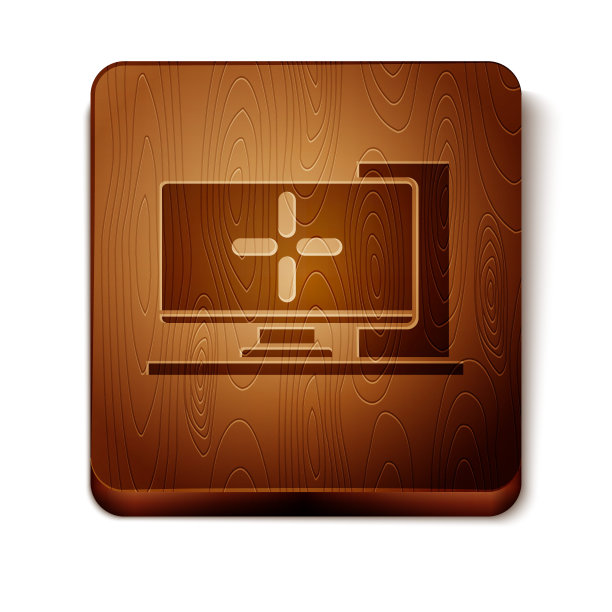 棕色电脑显示器图标孤立在白色背景上。电脑组件的信号。木制方形按钮。矢量图图片下载