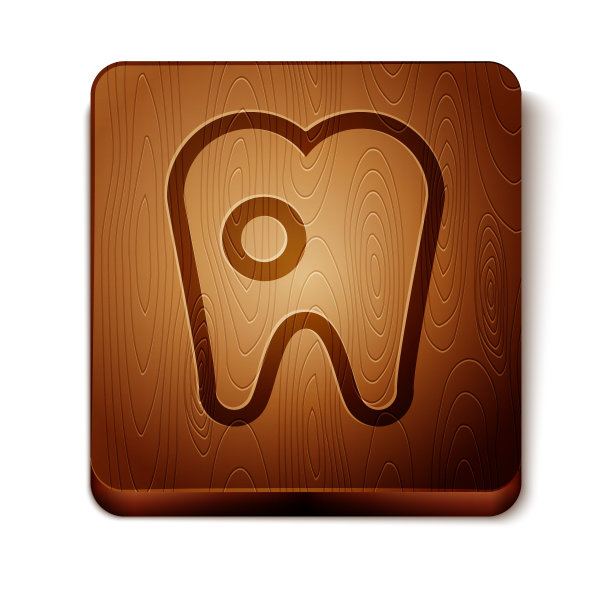 棕色牙齿与龋齿图标孤立在白色背景。蛀牙。木制方形按钮。矢量图图片下载